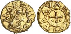 FRANCE / MÉROVINGIENS - FRANCE / MEROVINGIAN Aquitaine, Marsac, Fravardo monétaire. Trémissis ND (600-650), Marsac (Creuse). Av. MARCIACO. Tête stylisée à droite. Rv. (à 6 h) + FRAVARDO M. Croix accos