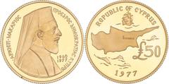 CHYPRE - CYPRUS CHYPRE - CYPRUS République. 50 livres, Makarios III, Flan bruni (PROOF) 1977, Llantrisant. KM.47 - Fr.6 ; Or - 16,15 g - 28,5 mm - 12 h Le brillant des champs légèrement terni. Fleur d