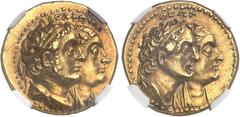 GRÈCE ANTIQUE Royaume lagide, Ptolémée II (283-246 av. J.-C.). Tétradrachme Or ou pentekontadrachmon (50 drachmes) ND (après août 272), Alexandrie. NGC AU 5/5 4/5 (3930782-009). Av. AΔEΛΦΩN. Bustes ac