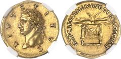 EMPIRE ROMAIN Trajan (98-117). Aureus 112-113, Rome. NGC AU 5/5 2/5 Fine style scuffs (5780849-003). Av. DIVVS TITVS. Buste lauré à gauche de Titus. Rv. IMP CAES TRAIAN AVG GER DAC P P REST. Un foudre