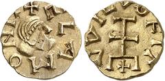 MÉROVINGIENS Quentovic, Ela monétaire. Trémissis ND (600-650), Quentovic. Av. (à 1 h.) + ELA MONIT. Tête diadémée à droite. Rv. VVICVS FIT. Croix potencée au sommet, soudée sur une base rectangulaire 