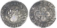 CAPÉTIENS Charles IX (1560-1574). Essai d'argent du denier tournois ND (1560-1574), D, Lyon. PCGS SP58 (42483650). Av. (à 12 h.) + CAROLVS. VIIII. DG. FRAN. REX. Deux lis dans un double trilobe canton
