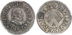CAPÉTIENS Henri III (1574-1589). Essai en argent du denier tournois 1579, A, Paris. PCGS SP58 (42483648). Av. (à 6 h.) + HENRI. III. R. DE. FRAN. ET. POL. Buste à droite du Roi, lauré et cuirassé. Rv.