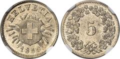 SUISSE Confédération Helvétique (1848 à nos jours). 5 rappen 1850. NGC MS 64 (5883933-020). Av. HELVETIA. Sur des épis, l'écu festonné ; au-dessous (date). Rv. Dans une couronne formée de deux branche