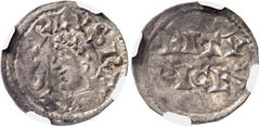 CAROLINGIENS Charles II le Chauve (840-877). Denier ND (840-877), Bourges. NGC AU 50 (5783258-012). Av. + CARLVS REX. Buste lauré à gauche. Rv. En deux lignes : BITV / RICES. P.737-738 - MG.1069 ; Arg