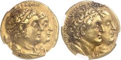GRÈCE ANTIQUE Royaume lagide, Ptolémée II (283-246 av. J.-C.). Octodrachme d'or ou mnaieion ND (272-270 av. J.-C.), Alexandrie. NGC Ch XF 5/5 4/5 Fine style (5790003-002). Av. AΔEΛΦΩN. Bustes accolés 