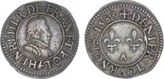 FRANCE / CAPÉTIENS Henri III (1574-1589). Essai en argent du denier tournois 1583, A, Paris. Dy.1153 v. ; Argent - 1,43 g - 18 mm - 6 h Très rare pour ce millésime. TTB.