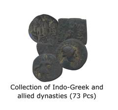Indo-Greeks: Collection of Indo-Greek and allied dynasties in Copper (53) and Silver (20). The collection includes silver coins of the Indo-Greeks, Romans and Parthians; the copper collection includes