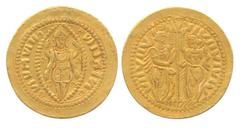 Ducat Token, Gold, 10 g, local copy of a Venetian Ducat but imitated and minted in India with Christian figures changed into Indian ones, with the figure of Vishnu on obv and Radha and Krishna on rev.