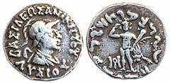 Indo-Greeks, Lysias, Silver, Drachm, helmeted bust of the Yavanaraj to right on obv, Greek legend around; Greek God Zeus, naked, facing left in the centre with Kharoshthi legend around. Very Fine+, Ve