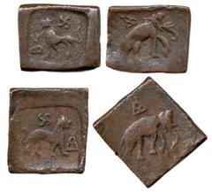 Post-Mauryan (Punjab), Taxila (local coinage), (c. 185-160 BC), Copper (2), Karshapana, punch-marked with lion to left, hill, taurine and svastika symbols on obv., rev. Elephant to right, hill symbol 