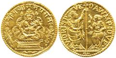 Temple Token, Gold 2.54g, Lord Ganesha, with Shri Gajanan Prasana in Nagari at top on obv., typical South Indian figures on rev., the rev. stylization is that of Venetian Ducats. Extremely Fine, Rare.