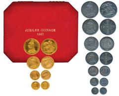 Great Britain, Gold and Silver, Queen Victoria, 1887, set of 11, Gold 5 Pounds, 2 Pounds, Sovereign and ½ Sovereign, Silver Crown, Double Florin, Halfcrown, Florin, Shilling, Sixpence, and Threepence,