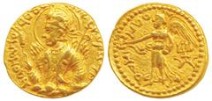 Kushanas, Huvishka (c. 152-192 AD), Gold Dinar, 7.87g, Mint I (A), 3rd emission, obv. nimbate, diademed and crowned bust of the king emerging from clouds, flames over shoulder, holding mace scepter in