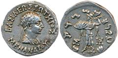 Indo-Greek, Kingdom of Baktria, Menander I (circa 165/155-130 BC), Silver Tetradrachm, 9.8g, Obverse: diademed and draped bust of the ruler to right with Greek legend ΒΑΣΙΛΕΩΣ ΣΩΤΗΡΟΣ ΜΕΝΑΝΔΡΟΥ around