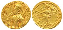 Kushanas, Huvishka, Gold Dinar, 7.97g, Mint I (A), 3rd emission, obv. nimbate, diademed and crowned bust of the king emerging from clouds, flames over shoulder, holding mace-scepter in right hand and 
