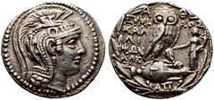 Griechische Münzen Attika. Athen Tetradrachme des neuen Stils 108-107 v. Chr. Kopf der Athena Parthenos mit dreibuschigem Greifenhelm nach rechts / Eule steht auf liegender Amphora nach rechts, rechts