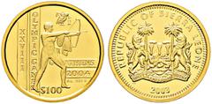 Ausländische Münzen und Medaillen Sierra Leone. Republik 100 Dollars 2003. Olympiade Athen 2004. Antiker Bogenschütze, darüber die Eule von Athen. KM 293, Fr. 62. 6,22 g Feingold verkapselt, Polierte 