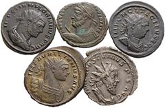 Lots antiker Münzen 5 Stücke: RÖMER. Dabei Postumus, Antoninian 261 -unbestimmte Münzstätte- (wohl Köln oder Trier?). Kaiser mit Globus und Lanze nach links stehend (RIC 54, 3,02 g); Aurelianus, Anton