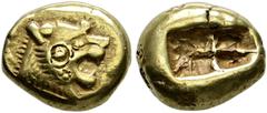 Griechische Münzen Lydia. Könige von Lydia Zeit vor Kroisos 650-561 v. Chr. El-Trite (= Drittelstater) 6. Jh. v.Chr. -Sardeis-. Löwenkopf mit offenem Maul nach rechts, auf der Nase eine Strahlenwarze 