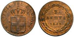 Ausländische Münzen und Medaillen Griechenland Otto von Bayern 1832-1862. Cu-2 Lepta 1832 -Athen-. Divo 25a, KM 14. vorzüglich
