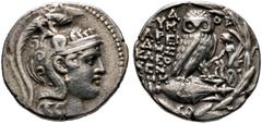 Griechische Münzen Attika. Athen. Tetradrachme des neuen Stils um 100-130 v. Chr. Athenakopf im attischen Helm nach rechts / Eule auf liegender Amphora von vorn, links Schrift sowie rechts als Beizeic