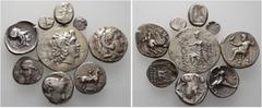 Lots antiker Münzen . 9 Stücke: GRIECHEN. ATTIKA-Athen, Tetradrachme auf dickem, knappem Schrötling; EPEIROS- Ambrakia, Stater (leicht bearbeitet); KALABRIA-Tarent, Stater (leicht bearbeitet); KILIKIA
