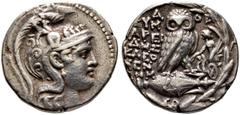 Griechische Münzen Attika. Athen. Tetradrachme des neuen Stils um 100-130 v. Chr. Athenakopf im attischen Helm nach rechts / Eule auf liegender Amphora von vorn, links Schrift sowie rechts als Beizeic