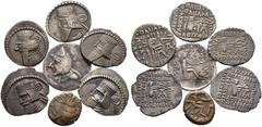 Lots antiker Münzen 7 Stücke: PERSIA-ARSAKIDEN (PARTHER). Denare von Mithridates I., Gotarzes II., Vologases II., Vardanes II., Artabanos III. und Vologases III. sowie AE-Drachme von Sanabares II. (ca