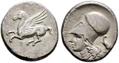 Griechische Münzen Korinthia. Korinthos Stater 338-300 v. Chr. Ähnlich wie vorher, jedoch mit Beizeichen Adler. BMC 258 f. 8,16 g leicht korrodiert, sehr schön Exemplar der Auktion Hirsch 223, 26.9.20