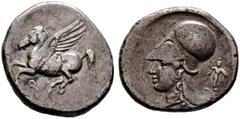 Griechische Münzen Korinthia. Korinthos Stater 338-300 v. Chr. Ähnlich wie vorher, jedoch mit Beizeichen Palladium. BMC 256. 8,10 g minimal korrodiert, kleine Kratzer auf dem Avers, sehr schön Exempla