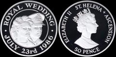 COINS & TOKENS - COINS & TOKENS OF AFRICAN COUNTRIES SAINT HELENA & ASCENSION: Proof piedfort coin of 50 Pence (1986) in silver (0,925) (similar to KM #7a) commemorating the Royal Wedding of Prince An