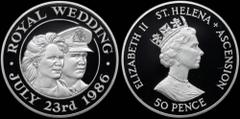 COINS & TOKENS OF AFRICAN COUNTRIES SAINT HELENA & ASCENSION: Piedfort 50 Pence (1986) in silver (0,925) (similar to KM #7a) commemorating the Royal Wedding of Prince Andrew with Sarah Ferguson. Crown