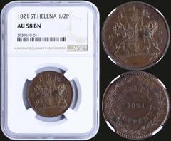 COINS & TOKENS - COINS & TOKENS OF AFRICAN COUNTRIES SAINT HELENA: 1/2 Penny (1821) in copper. Obv: Lion above helmeted arms with supporters, banner below. Rev: Date in center of St Helena and value w