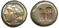 Ancient Coins, Greek, Ionia, Phokaia, Electrum Hekte, c387-326BC, wreathed head of a youthful Dionysius facing left, rev. quadripartite incuse square, 2.546gm (Bod 96g). About very fine