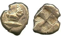 Ancient Coins, Greek, Mysia, Kyzikos Electrum Hekte, c550-500BC, forepart of ram left, tunny fish behind, rev. quadripartite incuse square, 2.685gm (Cf. von Fritze 46 (stater); SNG von Aulock 1175 = J