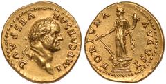 Ancient Coins, Vespasian (69-79 AD), aureus, IMP CAESAR VESP AVG, laur. head. r., rev. FORTVNA AVGVST, Fortuna stg. l. on a base decorated with rams' heads and wreaths, holding a rudder in her right a