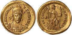 Ancient Coins, Honorius (393-423), solidus, Constantinople (397-402), D N HONORIVS P F AVG, helmeted, diademed and cuirassed bust of Honorius facing, holding spear over his r. shoulder and over his l.