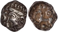 British Coins, Celtic coinage, Iceni, c.50-20 BC, uninscribed silver unit, 'Bury diadem' type, diademed or crowned female head l., heart-shaped ear, corded reverse S-shape on l., rev. horse l., pellet