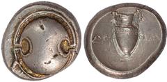 Ancient Coins, Greece, Boeotia, Thebes (c. 395-338 BC), stater, Boeotian shield, rev. ΔA – IM either side of amphora, wt. 12.20gms. (BMC.126), a little double struck, good very fine (200-300 GBP)