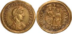 Ancient Coins, Roman Empire, Valentinian II (AD 375-392), solidus, Treveri, diad., dr. and cuir. bust r., rev. two emperors std. facing, holding globe between them, winged Victory stg. facing behind, 