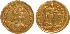 Ancient Coins, Roman Empire, Valentinian III, solidus, AD 430-455, Ravenna, D N PLA VALENTINIANVS P F AVG, diad., dr. and cuir. bust r., rev. VICTORIA AVGGG, Valentinian stg. facing, foot on serpent, 