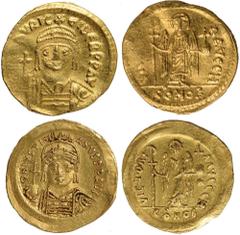 Ancient Coins, Byzantine, Justinian I (AD 527-538), solidus, DN IVSTINIANVS PP AVG, helmeted and cuir. bust facing, holding cross and shield, rev. VICTORIA AVGGG followed by officina letter H, angel s