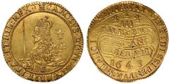 British Coins, Charles I, triple unite, Oxford mint, mm. plume/-, 1643, crowned bust l., holding sword and olive branch, plume behind, rev. Declaration on scroll between mark of value and date, three 