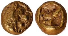 Ancient Coins, Greek, Lydia, Alyattes or Walwet (610-561 BC), electrum twelfth/hemihekte, Sardes mint, lion's hd. r., with rad. globule on forehead, rev. incuse square punch, wt. 1.18gms. (S.3402), fi