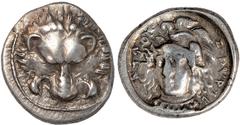 Ancient Coins, Greek, Lycia, Zagaba, silver ⅓ stater, (c. 400-380 BC), facing lion's scalp, rev. three quarter facing head of Athena, Lycian script each side of head, wt. 3.09gms. (S.5221), a well cen