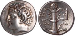 Ancient Coins, Greek, North Africa, Cyrene (322-313 BC), silver didrachm, hd. of Apollo Karneios to l. with horn of Ammon, rev. KY-PA, silphium plant, wt. 7.64gms. (SNG. Copenhagen 1241), very fine (8