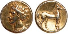 Ancient Coins, Greek, Carthage (290-280 BC), electrum stater, hd. of Tanit l., wearing wreath of grain ears, triple-pendant earring, and necklace with ten pendants; pellet before neck, rev. horse stan