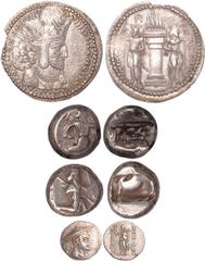 Ancient Coins Ancient coins, Greek, Selection of Persian and miscellaneous coins, including: Persian Kingdom, silver sigloi (2); Sassanian Kingdom, Shapur I, silver drachm (1); Bactria, Antimachos I, 