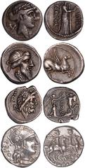Ancient Coins Ancient coins, Roman Republic, Selection of Roman Republican silver coins, comprising silver denarii (3): Cn. Lucretius Trio; Q. Pomponius Musa; Q. Titi; silver victoriatus, anynomous is